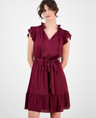 Women's Solid Tie-Waist Flutter-Sleeve Tiered Dress