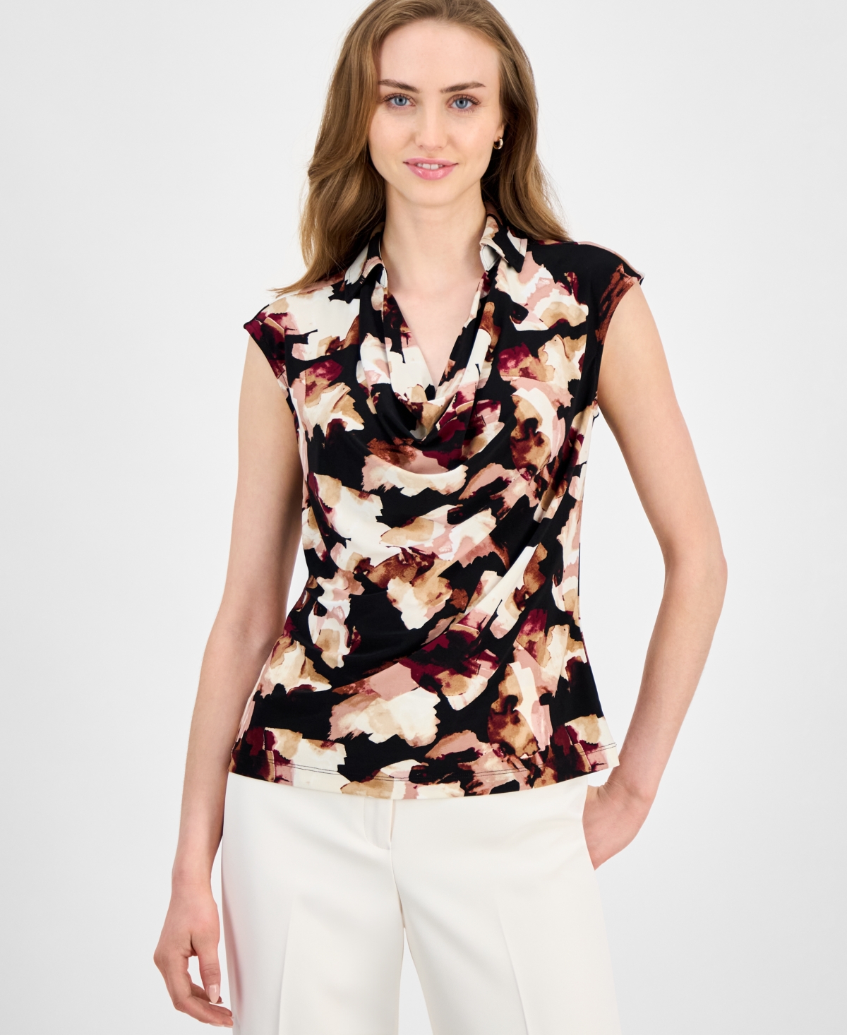 Anne Klein Abstract Print Triple Pleat Sleeveless Top In Multi