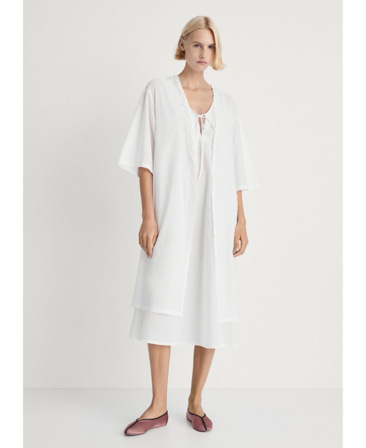 Mango Women's Lace Detail Cotton Robe In White