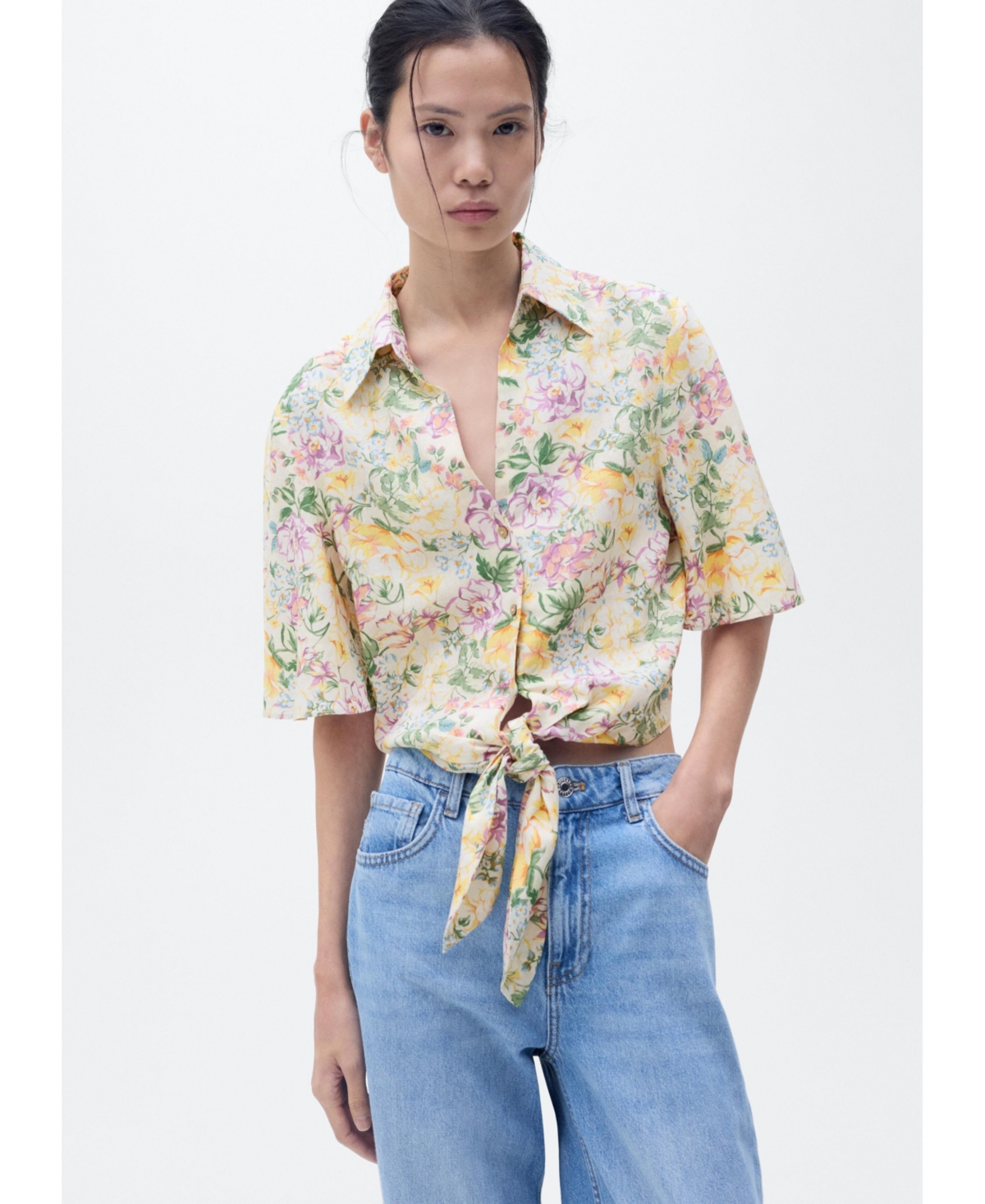 Women's Knotted Floral Linen Shirt - Ecru