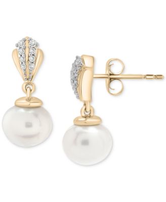Macy's - Cultured Freshwater Pearl (6mm) & Diamond (1/20 ct. t.w.) Drop Earrings in 10k Gold