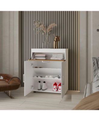 North Fork Shoe Rack, Pneumatic Lift-Up Compartment, Dual Doors, White and Natural Oak