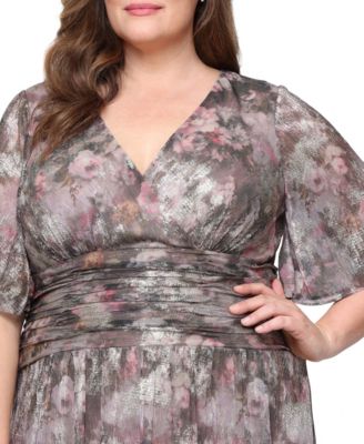 Plus Size Printed Metallic Surplice Long Dress