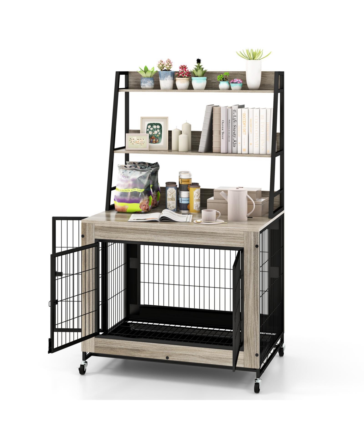 Industrial Dog Kennel Dog Crate Furniture with Storage Shelves - Grey