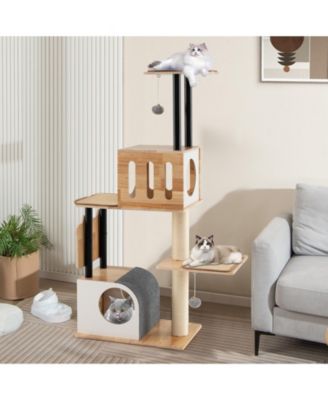 Modern Tall Cat Tower with Double Condos with Dangling Balls and Sisal Carpets