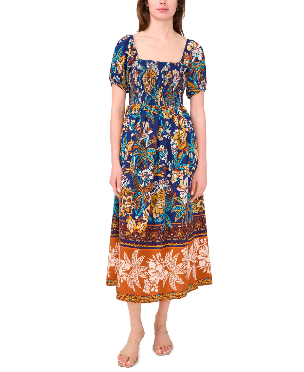 Petites Mixed-Print Challis Midi Dress - Navy, Rust