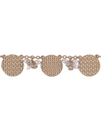 Textured Gld Tone Disc Frontal Necklace with Pearl Accents