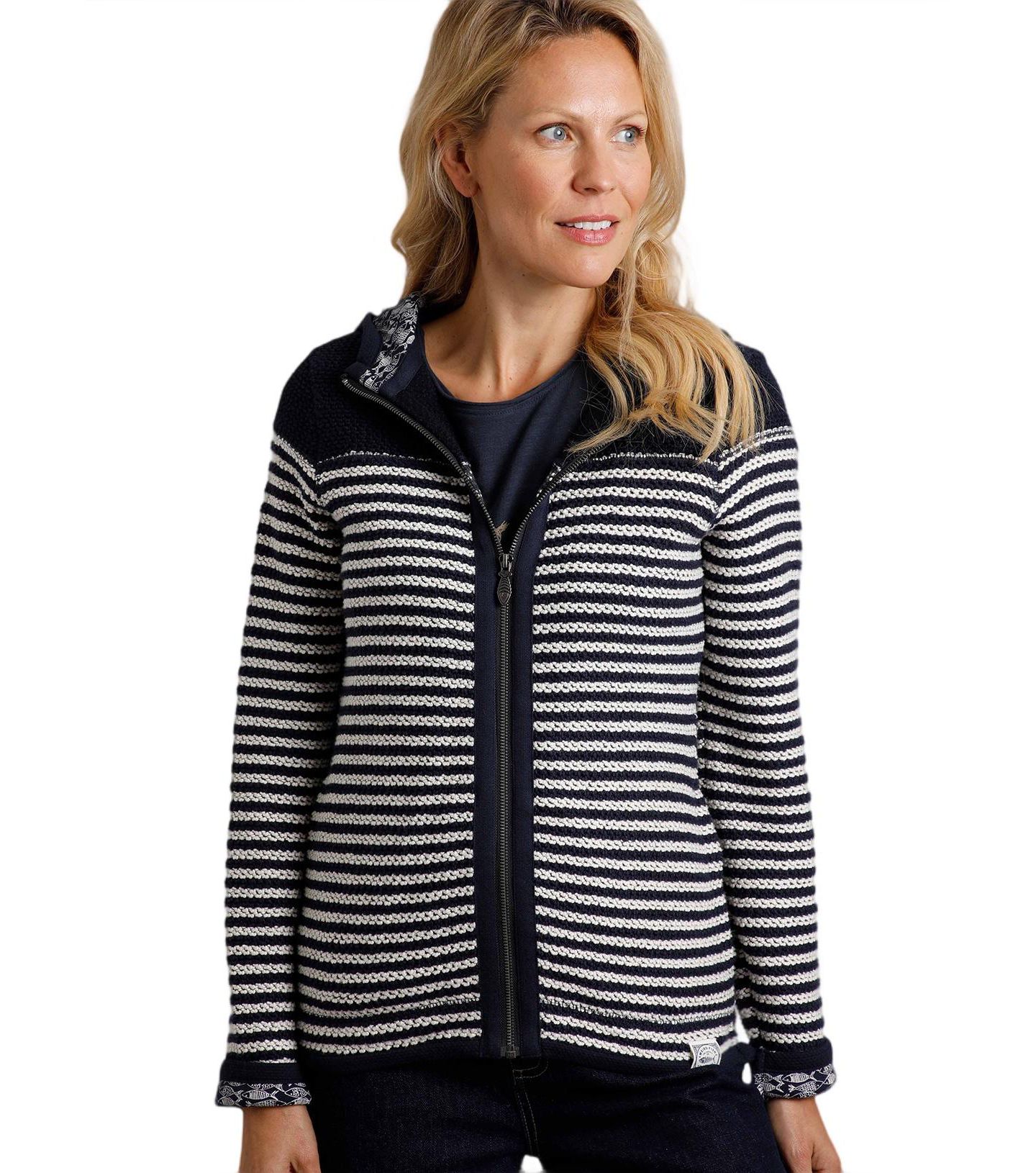 Женское худи Weird Fish Bianca Full Zip Stripe Macaroni, цвет: Тёмно-синий — фото 1