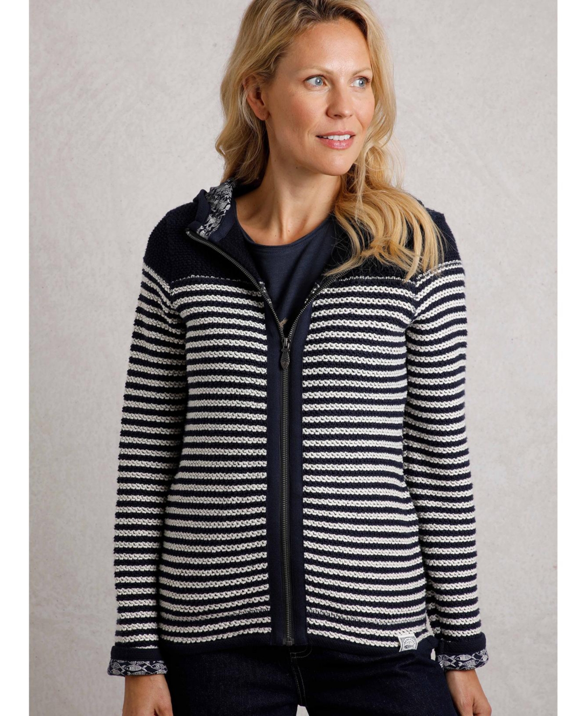 Women's Bianca Full Zip Stripe Macaroni Hoodie - Navy