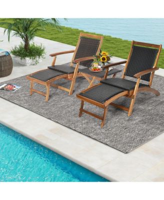 Patio Lounge Chair Set of 3 w/ Side Table Quick Folding Design Ottoman Outdoor