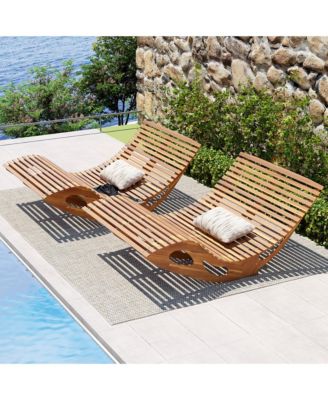 2PCS Outdoor Double Chaise Lounge for 2 w/ High Back Slatted Seat Stopper Patio