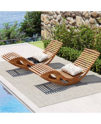 2PCS Outdoor Chaise Lounge w/ High Back Slatted Seat Stopper Outside Wood Rocker