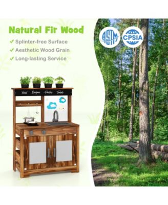 Mud Kitchen Fir Wood Play Kitchen with 4 Panting Pots Faucet Removable Sink