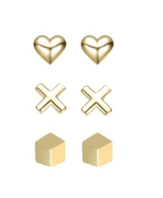 14K Gold Plated with Heart, Cross, & Cube 3D Design 3-Piece Stud Earrings Set