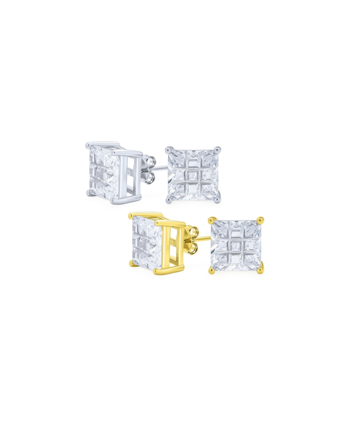 Set of 2 Invisible Cut Square Cz Checkboard Stud Earrings Black Plated Silver - Gold set