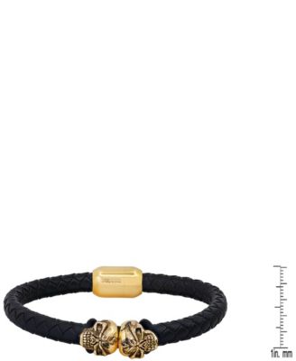 Men’s Black Braided Leather and 18K Gold-Plated Stainless-Steel Skulls Bracelet