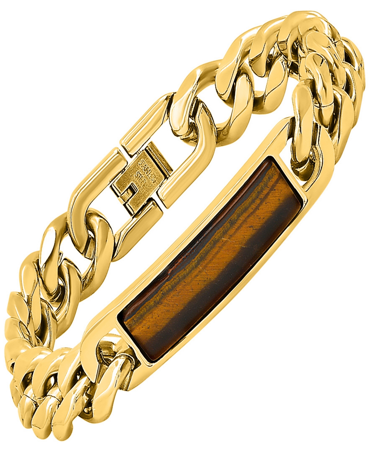 Steeltime Men's 18k Gold-plated And Stainless-steel Cuban Chain And Tiger Eye Id Bracelet