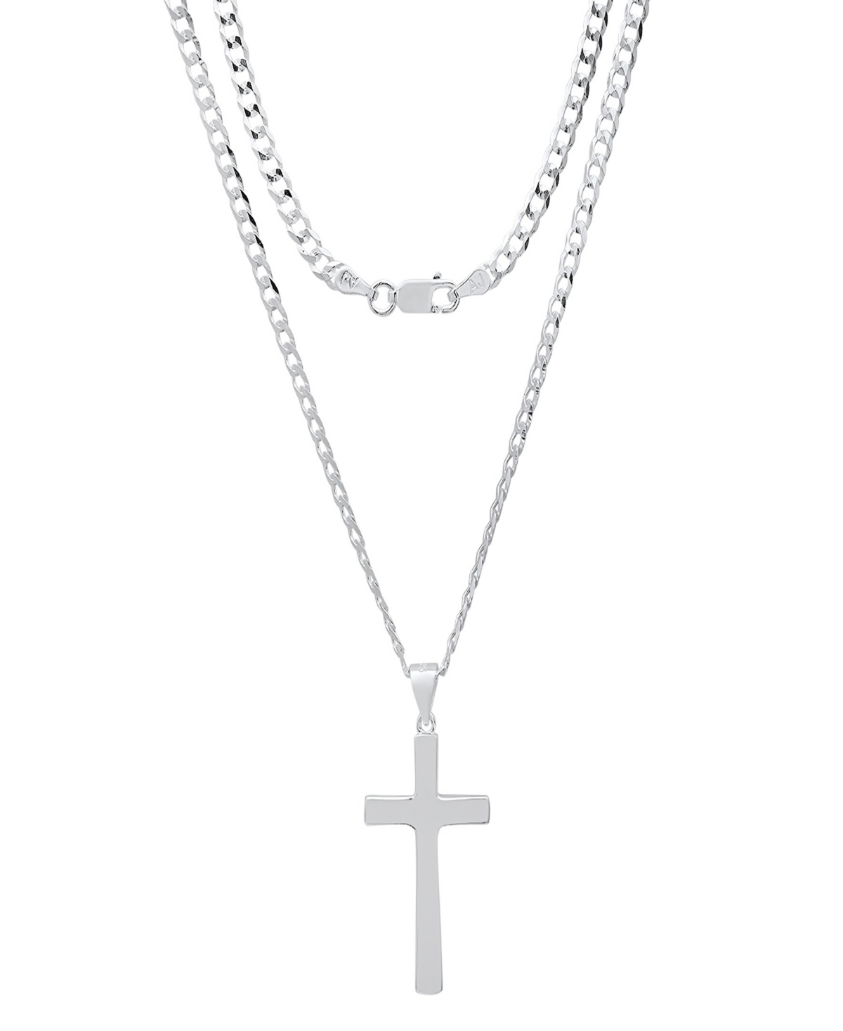 Steeltime Unisex Sterling Silver Cuban Superflat Chain And Cross Pendant Necklace