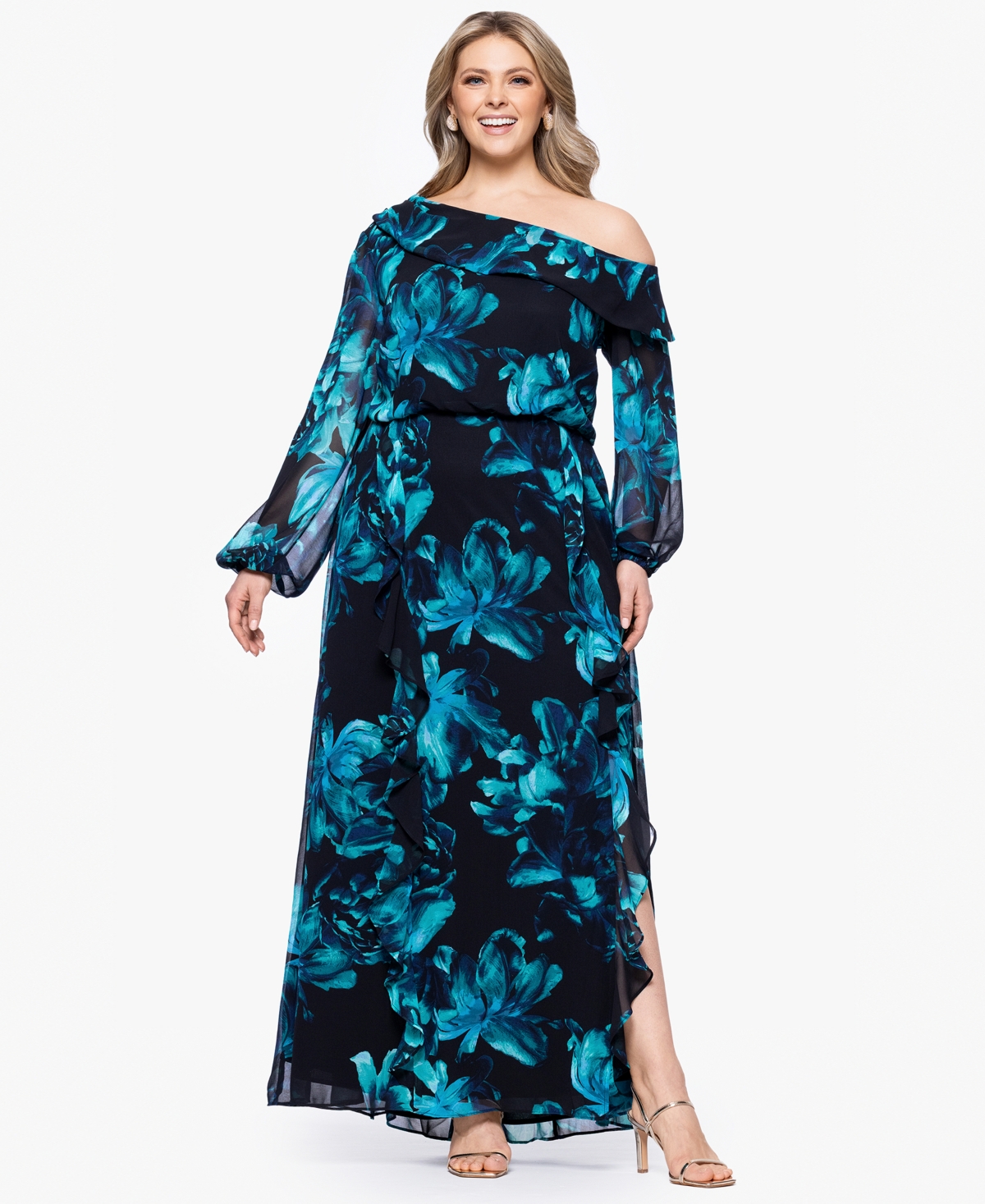 Plus Size Printed Asymmetrical-Neckline Long Dress - Black Teal