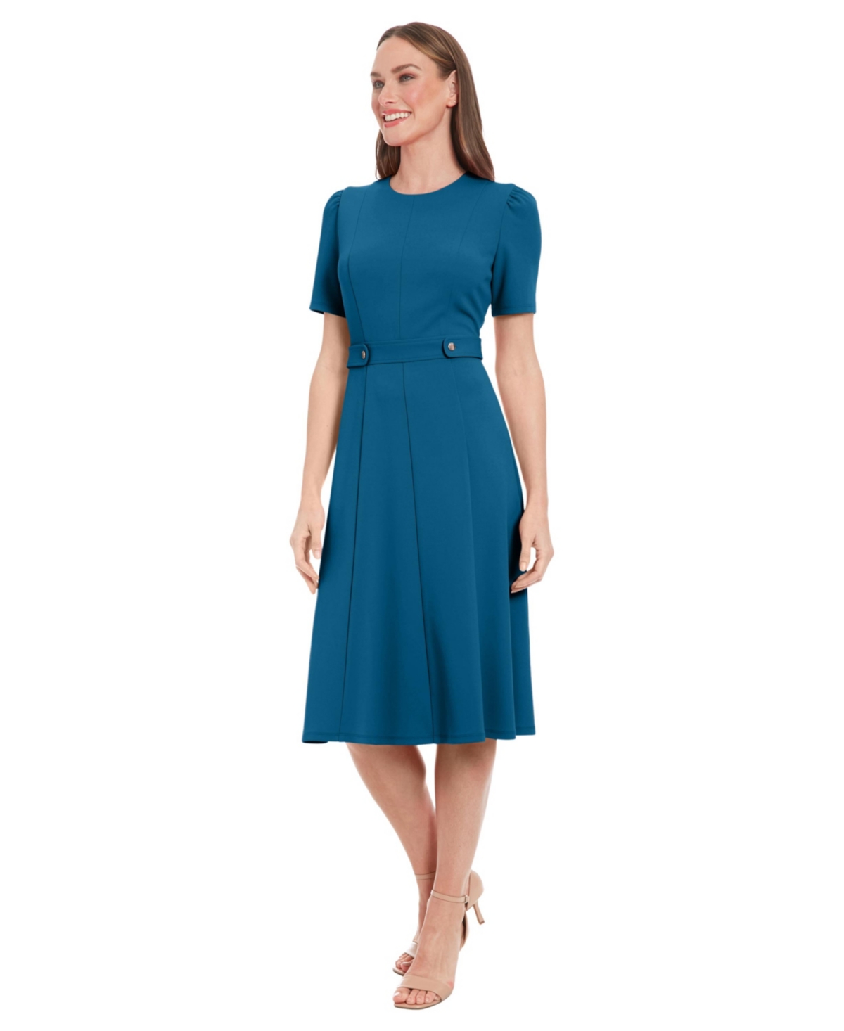 London Times Petite Fit & Flare Scuba Crepe Midi Dress In Blue