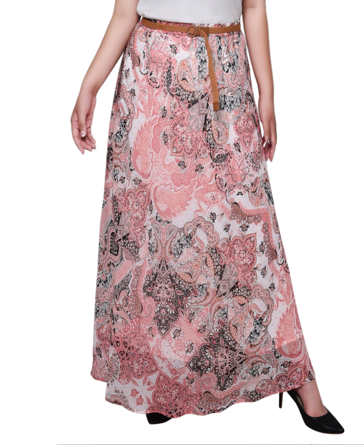 Plus Size Chiffon Maxi Skirt - Black, Red, Gold floral