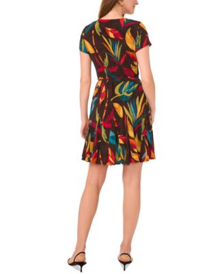 Women's Tropical-Print Short-Sleeve Tie-Waist Skirt Dress