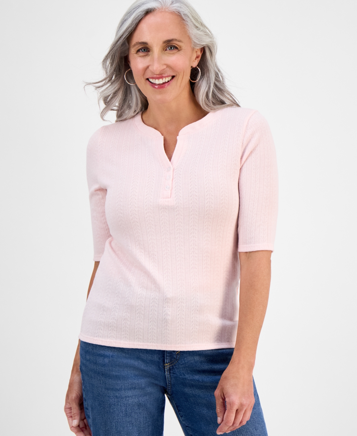Petite Pointelle Elbow-Sleeve Henley Knit Top, Exclusively at Macy's - Powder Pink