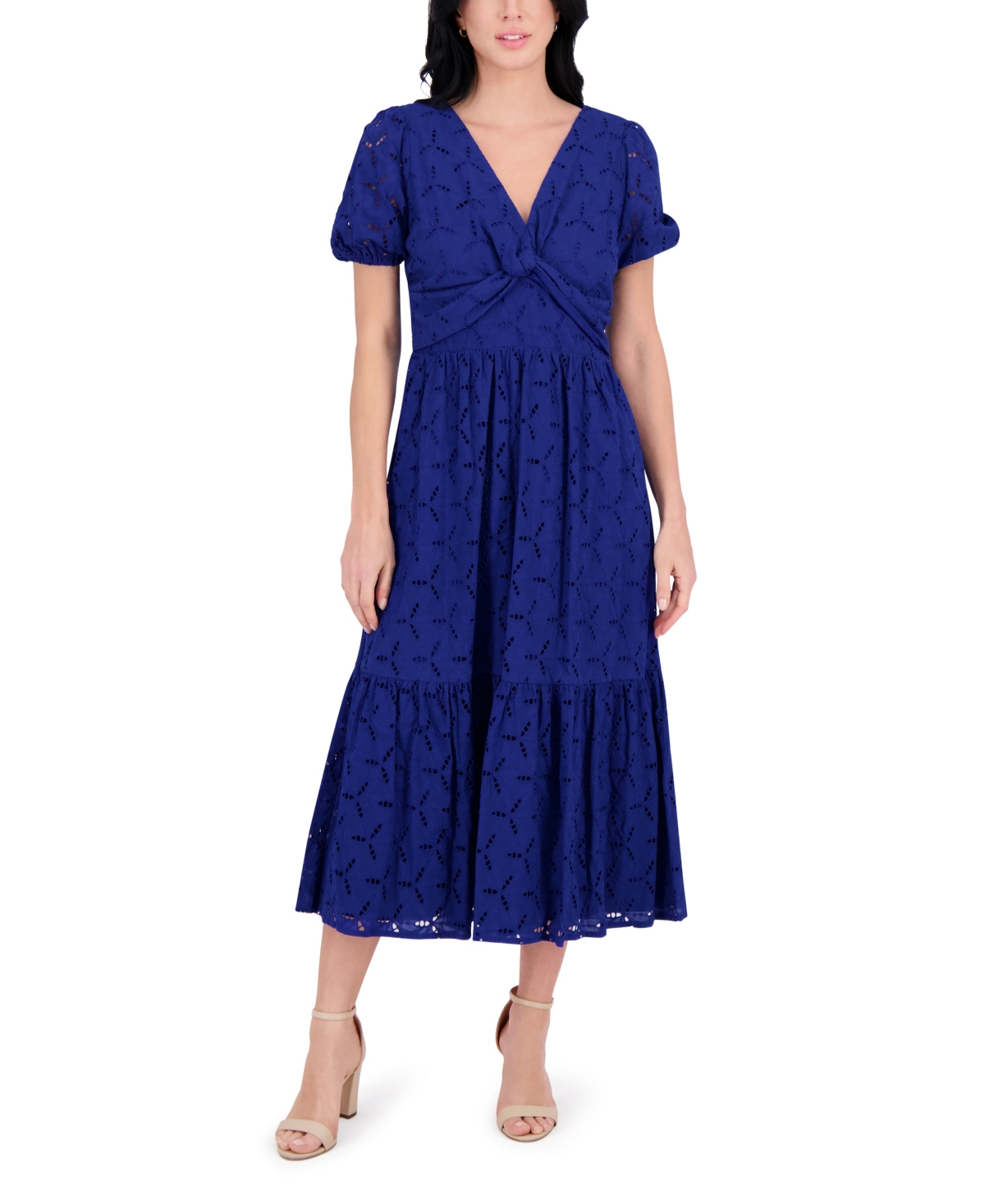 Women's Short-Sleeve Eyelet Midi Dress - Cobalt