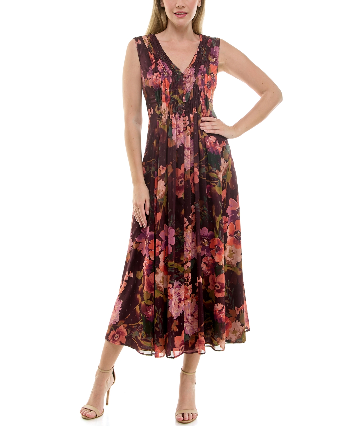 Women's Chiffon Printed V-Neck Midi Dress - Burgundy Violet