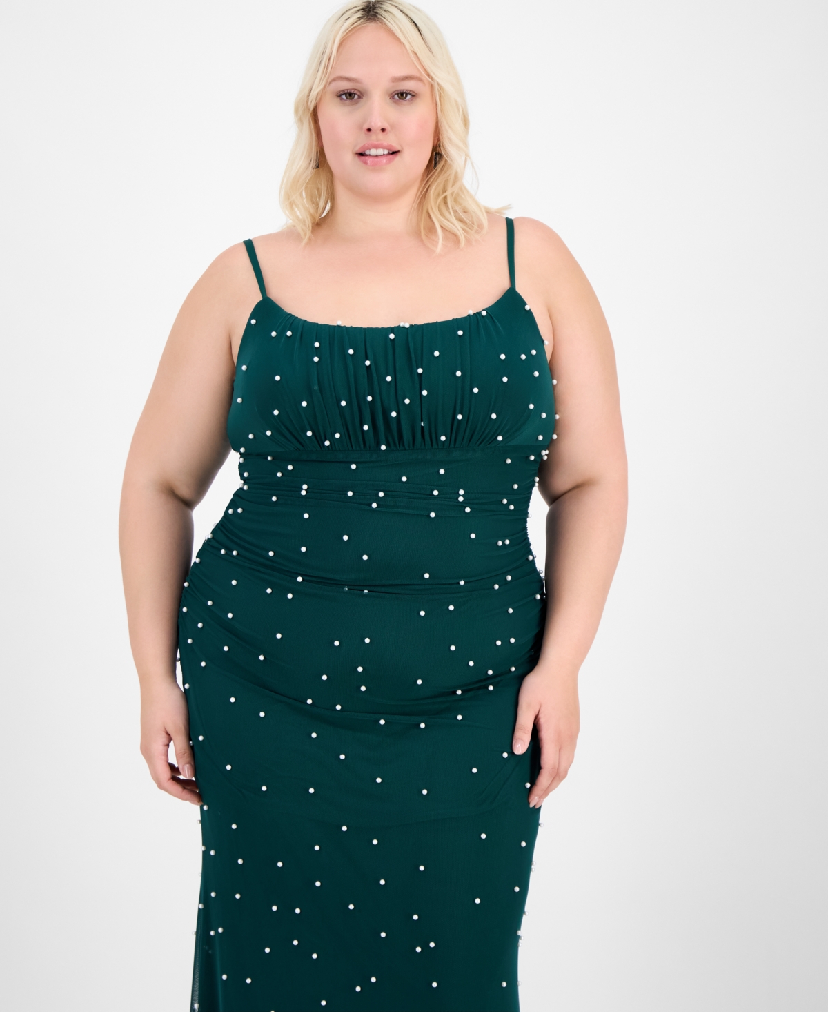 B Darlin Trendy Plus Size Emma Faux-pearl Beaded Gown In Green