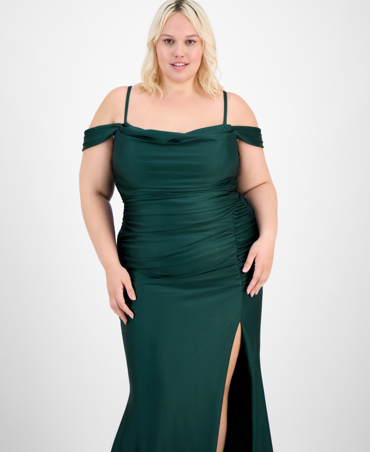 B Darlin Trendy Plus Size Ruched Cold-shoulder Gown In Green