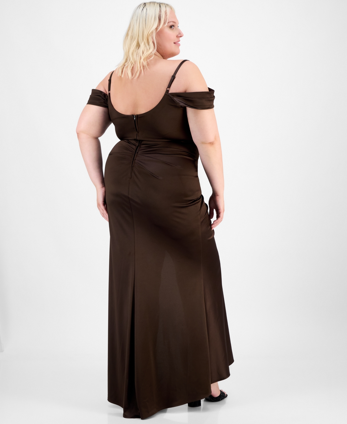 B Darlin Trendy Plus Size Off-the-shoulder Satin Gown In Brown