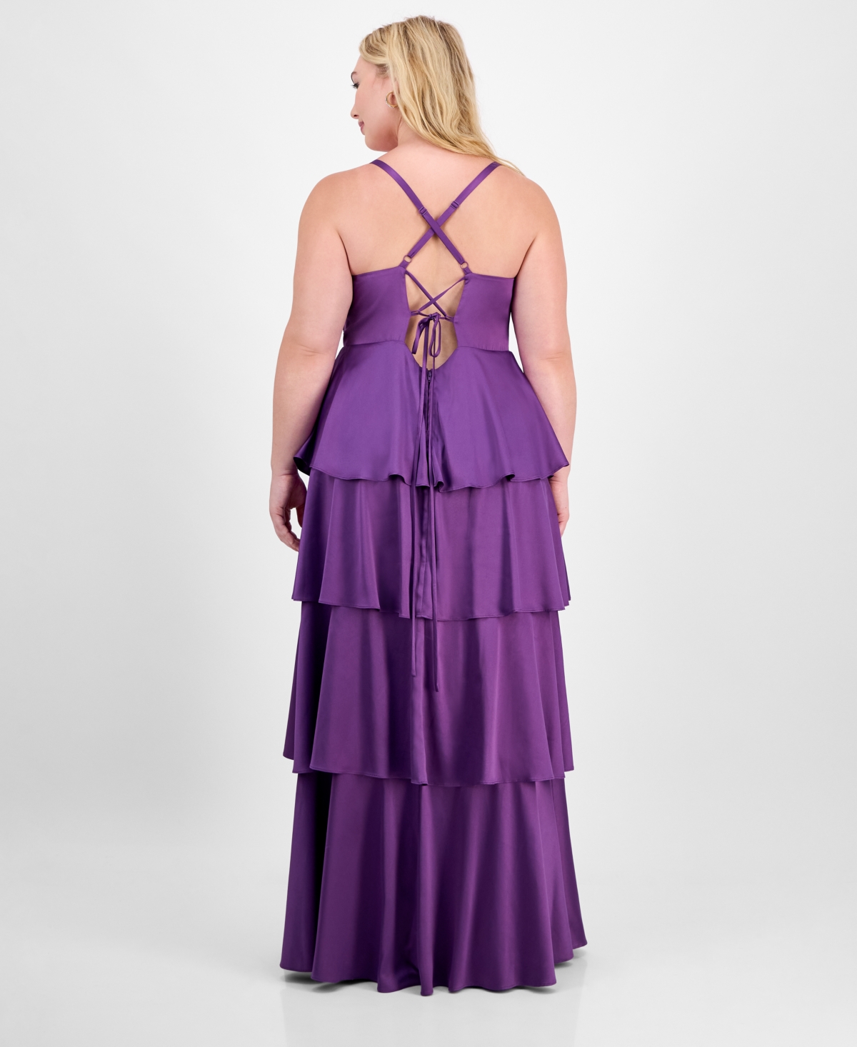 City Studios Trendy Plus Size Cowl-neck Tiered Satin Gown In Purple