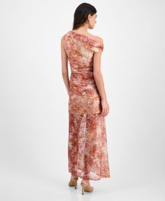 Juniors' Sheer Floral-Print Off-The-Shoulder Midi Dress