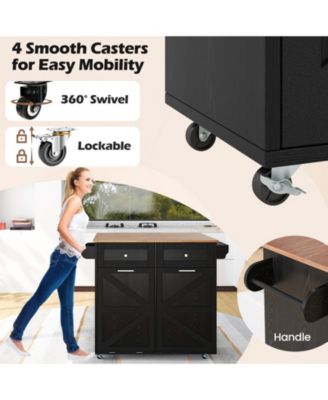 Rolling Kitchen Island with Trash Can Cabinet and Rubber Universal Wheels