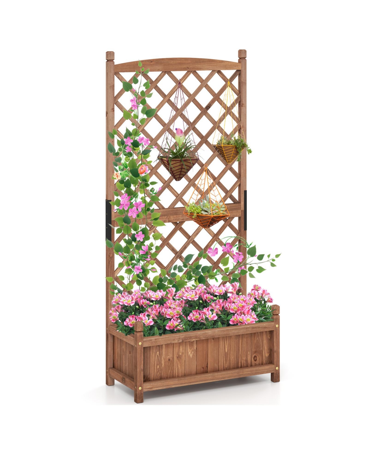 Raised Garden Bed with Diamond Lattice Trellis and Drainage Holes - Brown