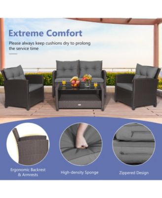 4 Pieces Patio Rattan Conversation Furniture Set with Glass Top Coffee Table