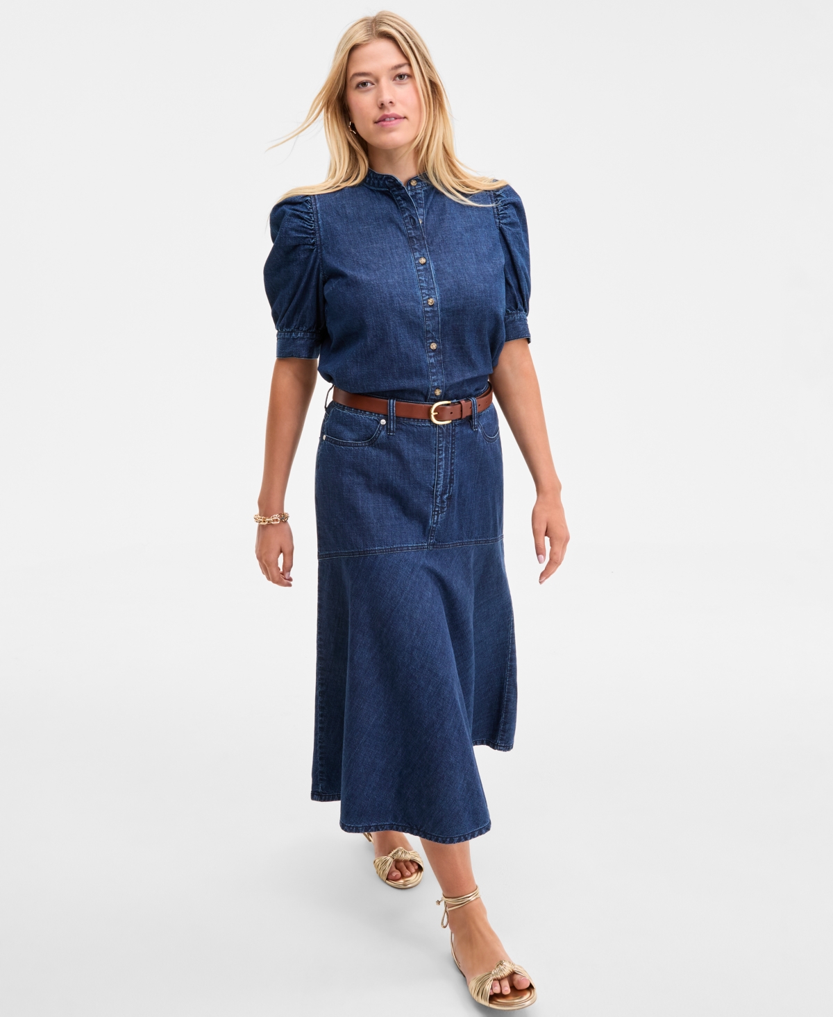 On 34th Womens Cotton Denim Puff Sleeve Shirt Denim Flared Midi Skirt Exclusively At Macys In Blue