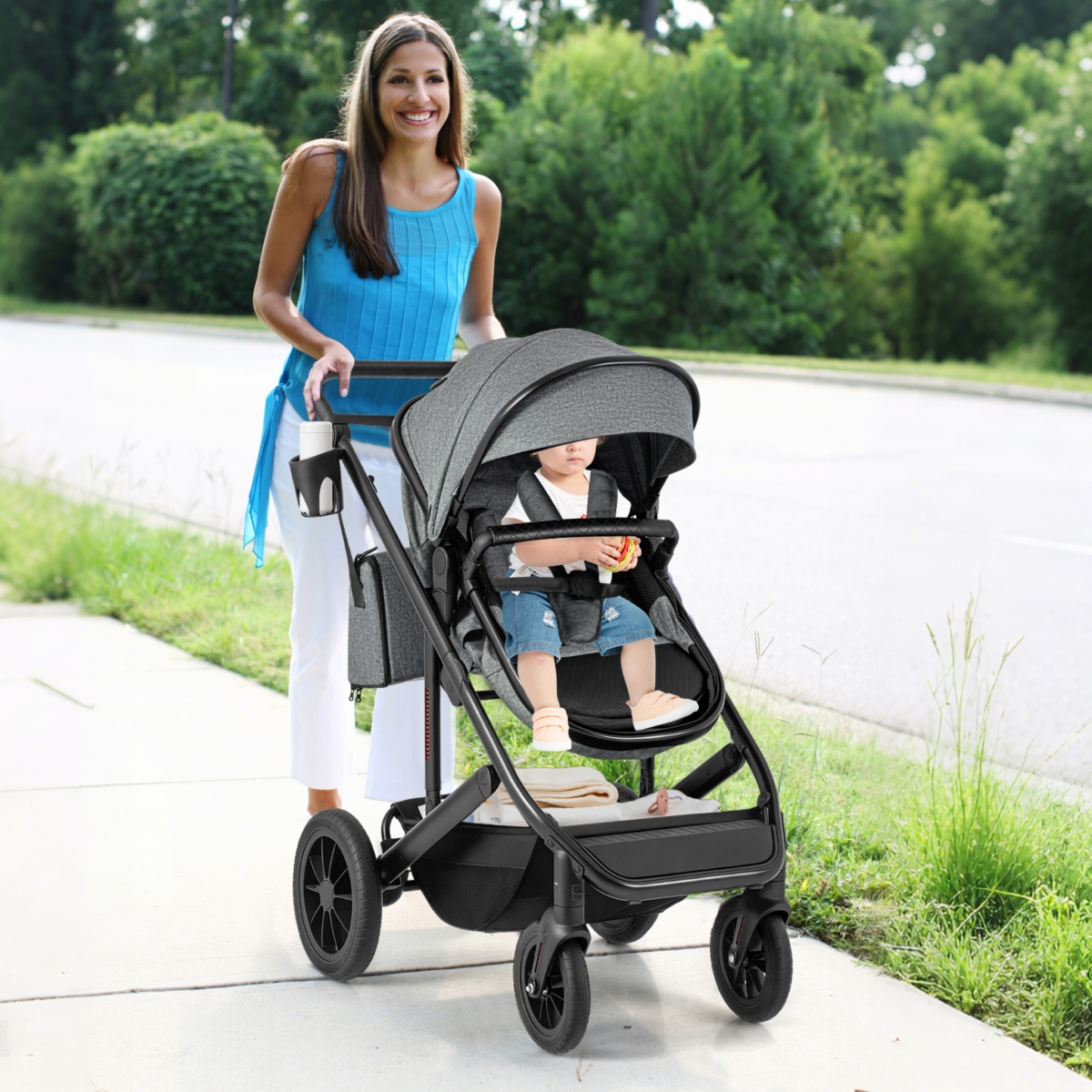 Slickblue Toddler 3-in-1 Folding Convertible Newborn Stroller with Detachable Bassinet