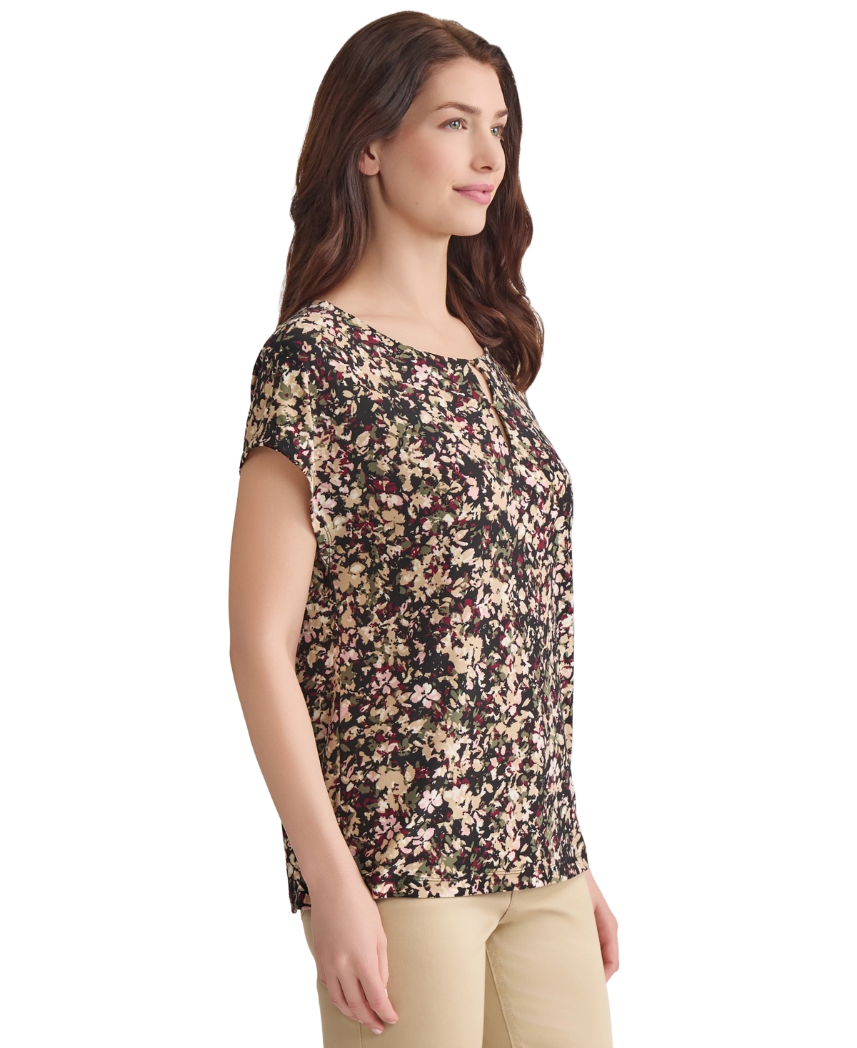 Jones New York Petite Keyhole-neck Short-sleeve Knit Top In Brown