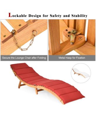 Outdoor Folding Chaise Eucalyptus Lounge Chair w/ Double-sided Cushion