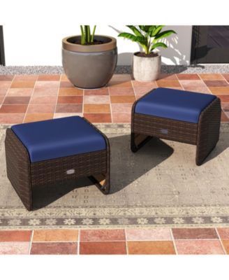 2-Piece Outdoor PE Wicker Ottomans with Removable Cushions for Patio or Garden