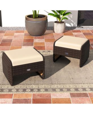 2-Piece Outdoor PE Wicker Ottomans with Removable Cushions for Patio or Garden