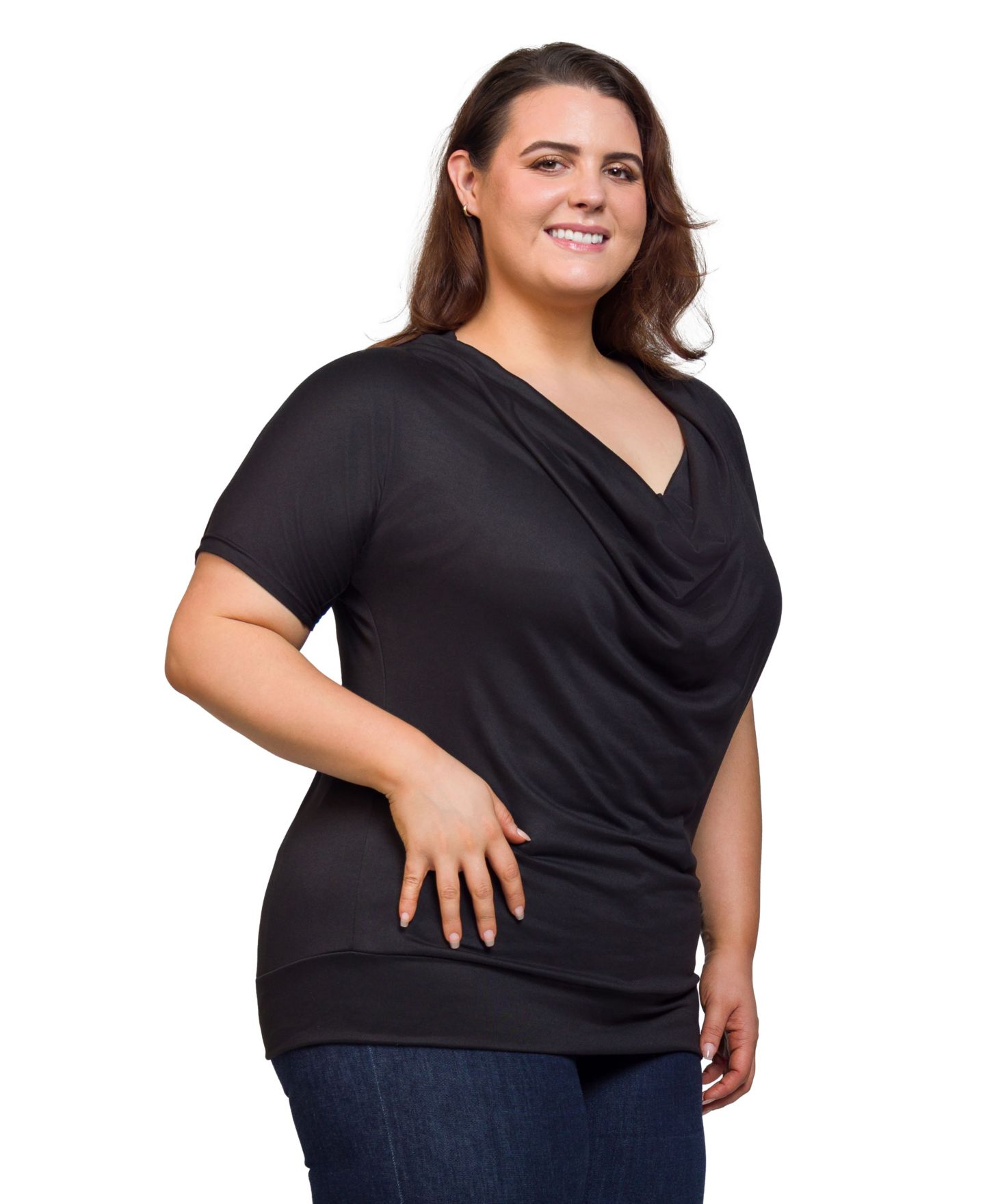 Женский топ 24seven Comfort Apparel Plus Size Cowl Neck Short Sleeve, цвет: Чёрный — фото 3