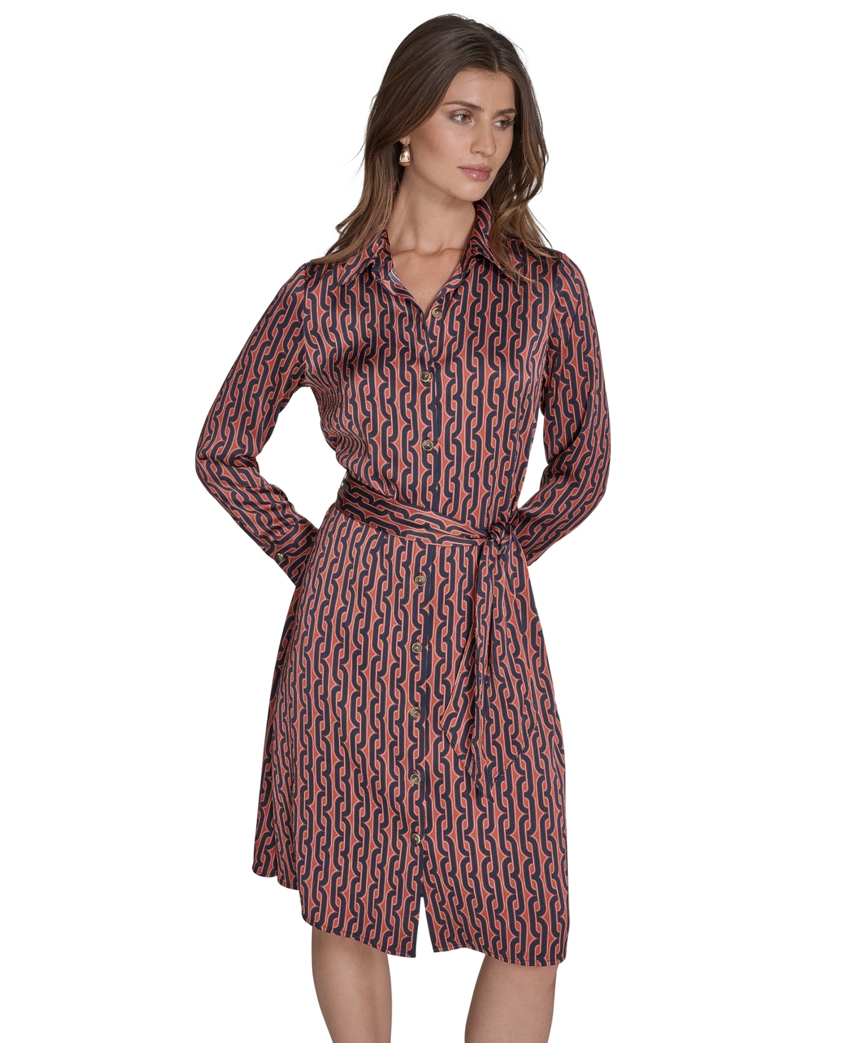 Halston Women's Printed Satin Belted Long-sleeve Shirtdress