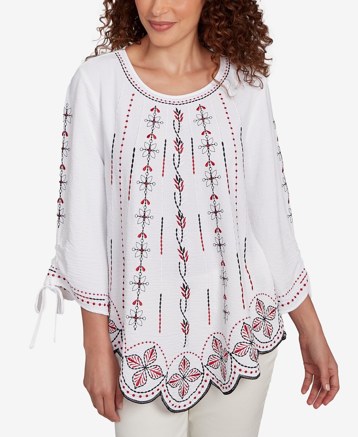 Petite Embroidered Bali Tie Sleeve Top - White