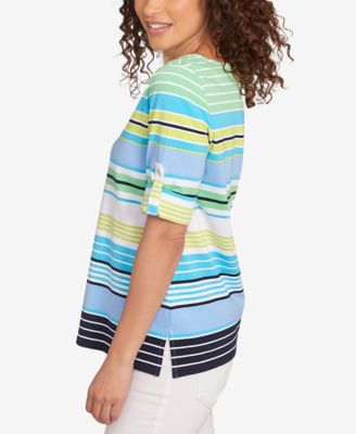 Petite Multi Stripe Roll Tab Sleeve T Shirt
