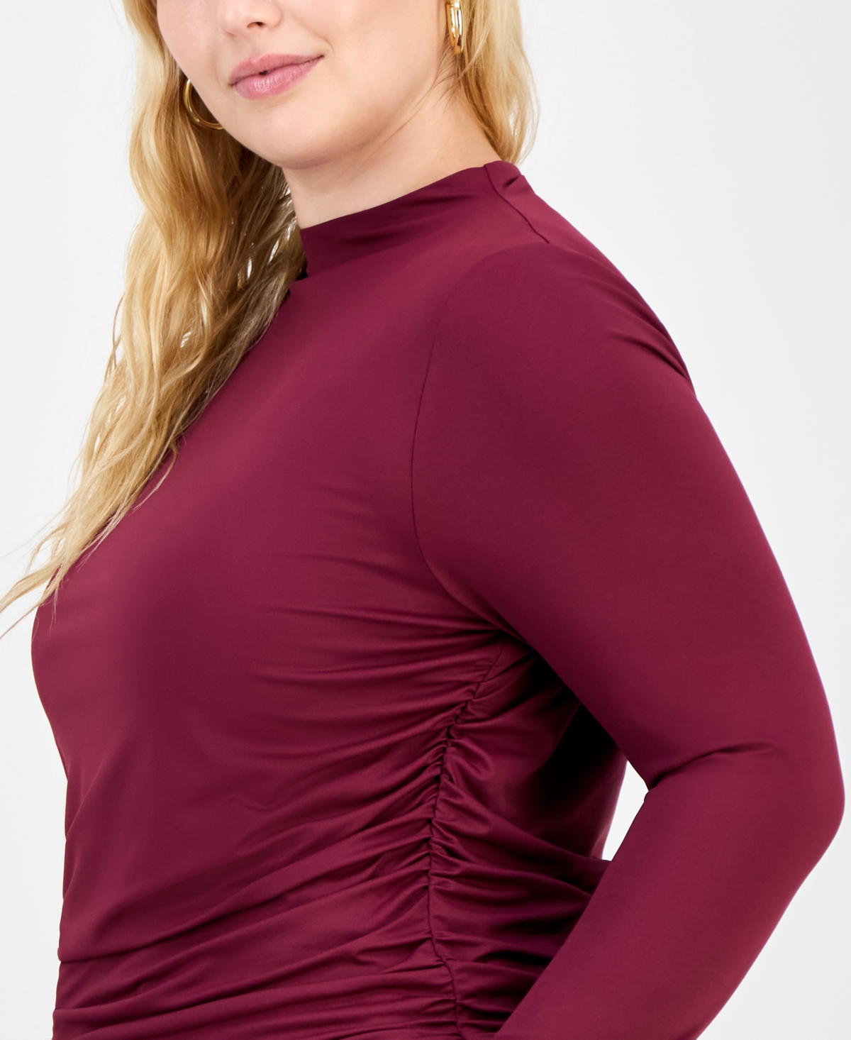 Bar Iii Trendy Plus Ruched Mock-neck Long-sleeve Top, Macy's Exclusive In Red
