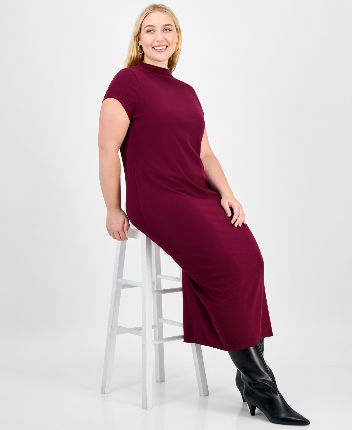 Bar Iii Trendy Plus Ribbed Mock-neck Midi Dress, Macy's Exclusive In Red