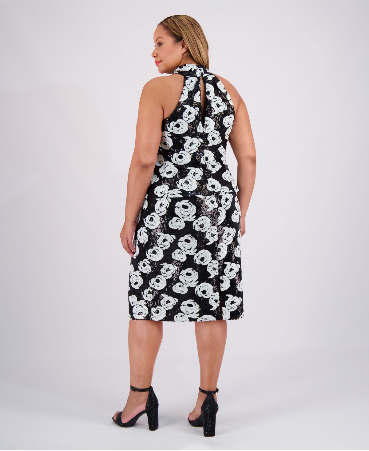 Muse Plus Size Sequined Floral Mesh Top In Black